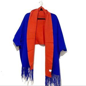 Orange and blue reversible shawl with sleeves